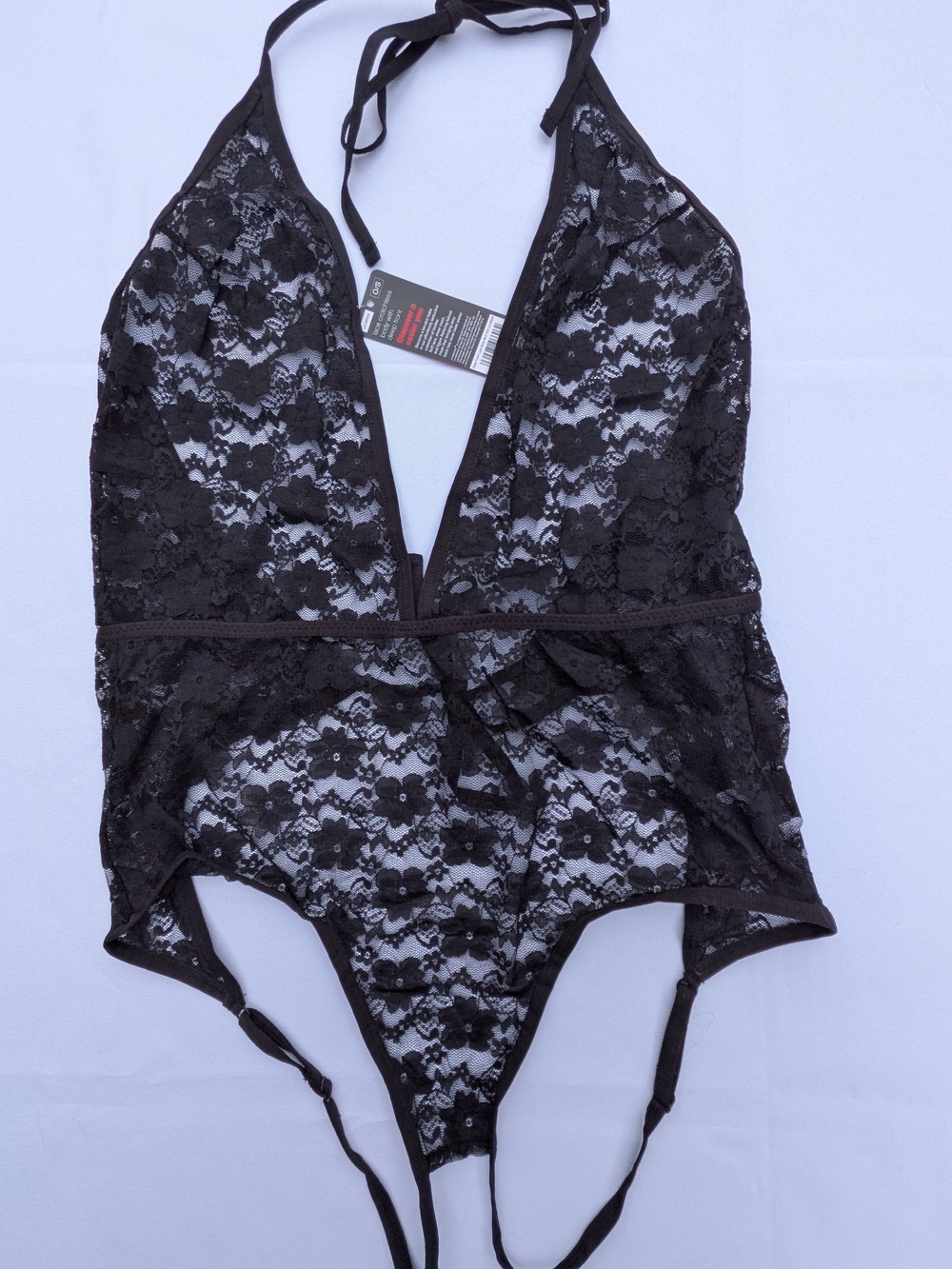 Black Lace Halter Teddy Bodysuit - Unbranded